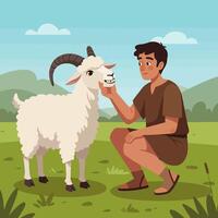 Man Kneeling and Petting a Sheep in a Field with Hills vector