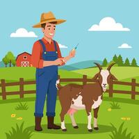 Farmer Giving Injection to Goat on Farm in Rural Setting vector
