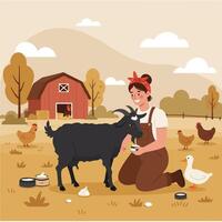 Woman Applying Cream on Goat in Farm Setting with Animals vector