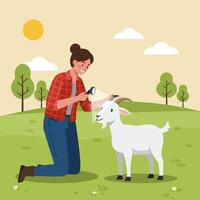 Person Examining Goat with Flashlight in Green Field Illustration vector