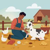 Farmer Caring for Goat on Farm with Ducks and Chickens vector