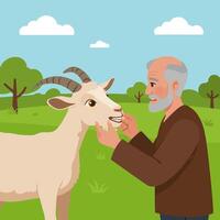 Man Interacting with Goat in Grassy Field Under Cloudy Sky vector