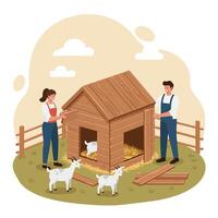 Building a Small Animal Shelter with Goats on a Farm vector