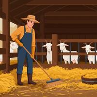 Man Sweeping Hay in Barn with Goats Inside Pen Illustration vector