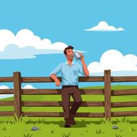 Man Drinking From Metal Container Leaning Against Fence in Field vector
