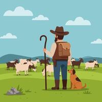 Shepherd with Dog and Goats Grazing on Green Pastureland Scene vector