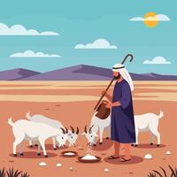 Feeding Goats in Desert Landscape with Simple Illustration Style vector
