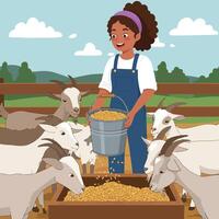 Woman Feeding Goats on a Farm with Bucket and Trough vector