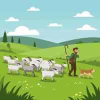 Herding Goats in Green Pasture with Dog and Whistle vector