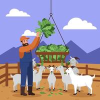 Farmer Feeding Fresh Greens to Goats in a Rural Farm Setting vector