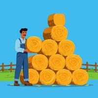 Farmer Stacking Hay Bales Illustration in Field on a Sunny Day vector