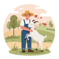 Farmer Hugging Goat Lovingly on Farm Land Illustration vector