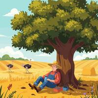Farmer Resting Under Tree in Field with Ostriches Cartoon vector