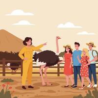 Watching Ostrich Guide Explaining to Group Visit Near Thatch Building vector