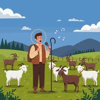 Man Singing to Goats in a Pasture with Mountains Backdrop vector