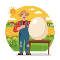 Farmer Introducing Giant Egg on Farm with Microphone and Barn vector