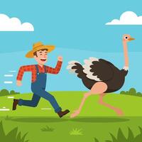 Man Running Away From Ostrich in Field Cartoon Illustration vector