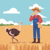 Farmer Feeding Ostrich with Colored Seeds on a Sunny Day vector