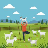 Man Balancing with Goat in Field Doing Yoga with Animals vector