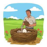 Man Observing Bird Nest with Chick and Egg Taking Notes vector