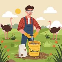 Preparing Ostrich Feed in the Meadow with Care and Attention vector