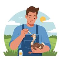 Man Giving Medicine to Small Ostrich Chick with Dropper Outdoors vector