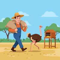 Farmer Carrying Sacks Walking Next to Ostrich in Rural Setting vector