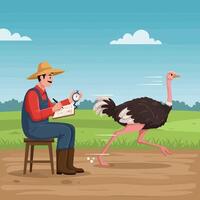Farmer Timings Fast Ostrich Running Across Field with Stopwatch in Hand vector
