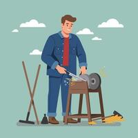 Man Sharpening Blade on Grinder Outdoors with Gardening Tools vector