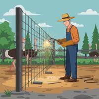 Welding Metal Fence on Farm with Ostriches in Background vector
