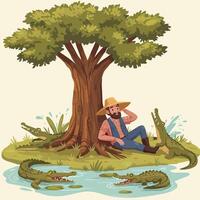 Man Relaxing Under Tree Surrounded by Alligators in a River vector