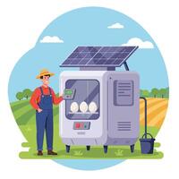 Farmer Using Solar Powered Incubator to Hatch Eggs on Farm vector