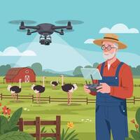 Farmer Using Drone for Monitoring Ostrich on the Farm vector