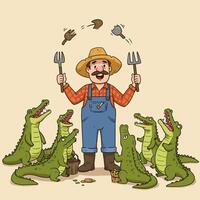 Farmer Juggling Tools with Alligators Cartoon Illustration in Humorous Style vector