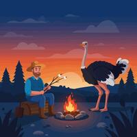 Man Roasting Marshmallows by Campfire with an Ostrich in Nature vector