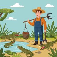 Cartoon Farmer with Alligators by Pond in a Natural Setting vector