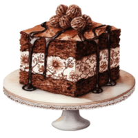 A delicious chocolate cake is presented on a cake stand with detailed design. It features multiple layers, chocolate drizzle and topped with some chocolate balls. png