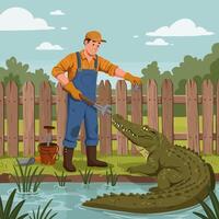 Man Repairing Fence Near Alligator with Tool in a Pond Cartoon vector