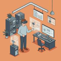 Man Using Virtual Reality Headset Interacting with Data and Information vector