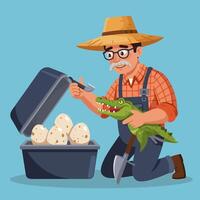 Farmer with Eggs and Crocodile Funny Scene in Farm Life vector