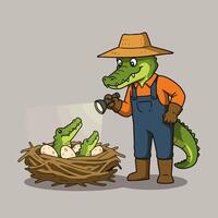 Cartoon Alligator Farmer Inspecting Nest of Hatchlings with Flashlight vector