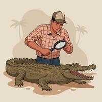 Examining Alligator with Magnifying Glass Checking Reptile Illustration vector