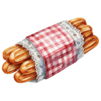 A hand-painted illustration of a bundle of freshly baked baguettes, wrapped in a red-and-white checkered cloth, evoking the charm of a rustic bakery. png
