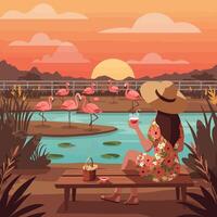 Woman Watching Flamingos at Sunset by the Lake Relaxation Concept vector