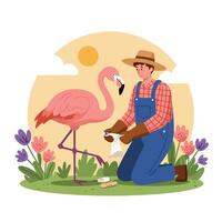 Man Treating Flamingo's Leg with Care in a Bright Outdoor Setting vector