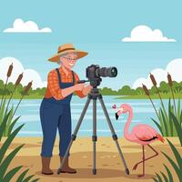 Woman Photographing Flamingo with Camera on Tripod Near Calm Lake vector