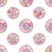 A repeating pattern of charming, hand-stitched quilt circles on a clean field. Each circle bursts with a kaleidoscope of soft colors and intricate textures. png