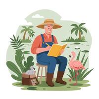 Farmer Observing Flamingo and Taking Notes in Nature Illustration vector