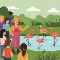 People Viewing Flamingos in a Pond at a Nature Park Exhibit vector