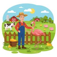 Farmer Petting Flamingo on Green Farm with Livestock and Buildings vector